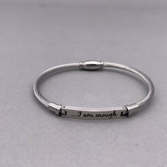 I Am Enough Twisted Wire Keychain Cable Bracelet Silver Tone - Picture 2 of 4